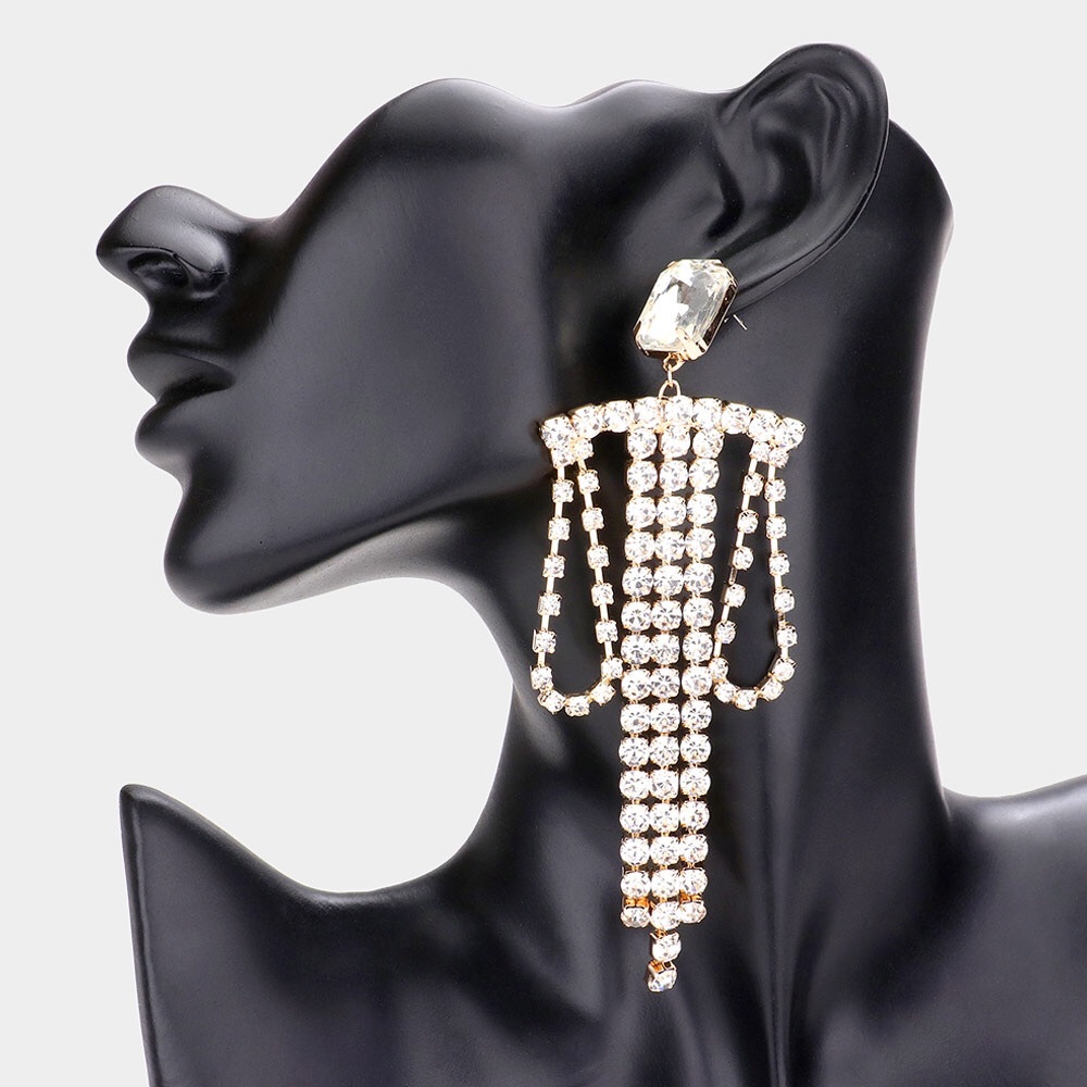 Gold Emerald Cut Draped Rhinestone Statement Earrings